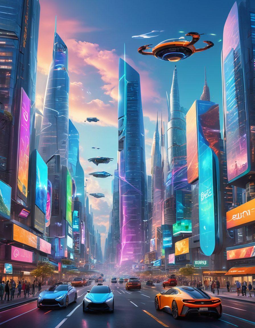 A futuristic city skyline showcasing the latest technological innovations, featuring flying cars, holographic advertisements, and smart buildings. Include people interacting with augmented reality devices and robots assisting in daily tasks. The scene should convey a sense of progress and connectivity, with vibrant colors illuminating the digital landscape. futuristic, super-realistic, vibrant colors.