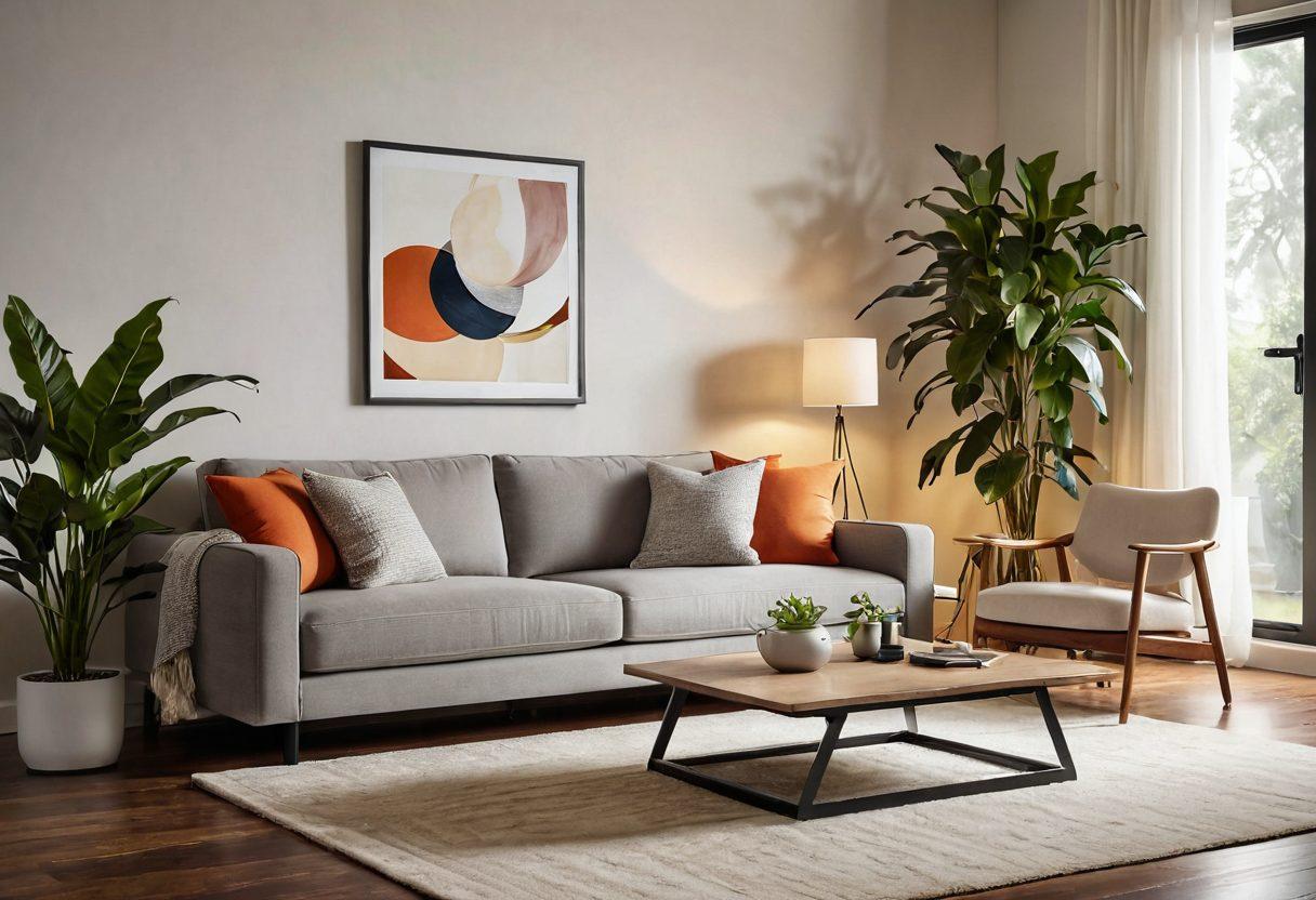 A cozy modern living room filled with innovative gadgets seamlessly integrated into everyday life. Showcase smart home devices like a voice assistant, smart lighting, and a sleek tablet on a stylish coffee table, complemented by an inviting sofa and plants. Warm, ambient lighting enhances the atmosphere, reflecting a blend of technology and comfort. super-realistic. vibrant colors. cozy ambiance.