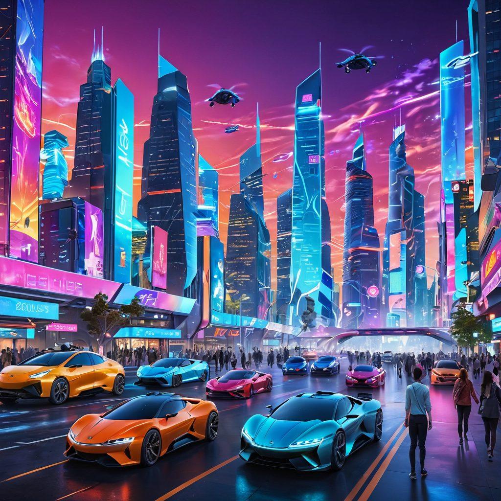 A futuristic city skyline showcasing innovative technology: flying cars, holographic advertisements, and smart buildings. In the foreground, a diverse group of people engaging with digital devices, showcasing a vibrant digital lifestyle. Bright neon colors and dynamic lighting add energy to the scene, symbolizing the fast-paced world of technology trends. super-realistic. vibrant colors.